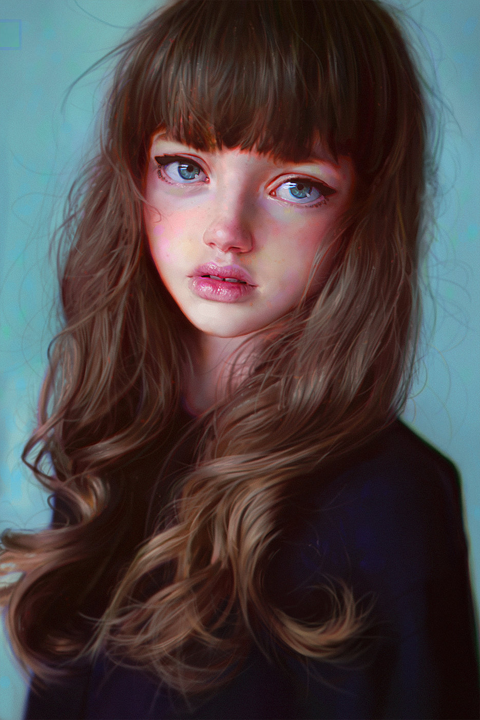 1girl, amberley_colby, bangs, blue_background, blue_eyes, brown_hair, commentary, highres
