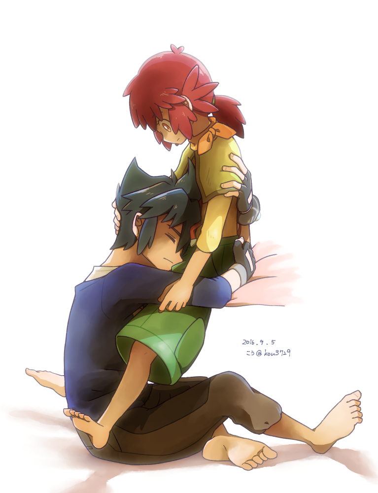 1boy, 1girl, alain_(pokemon), bangs, black_hair, closing_eyes, full_body, hand_on_another's_arm