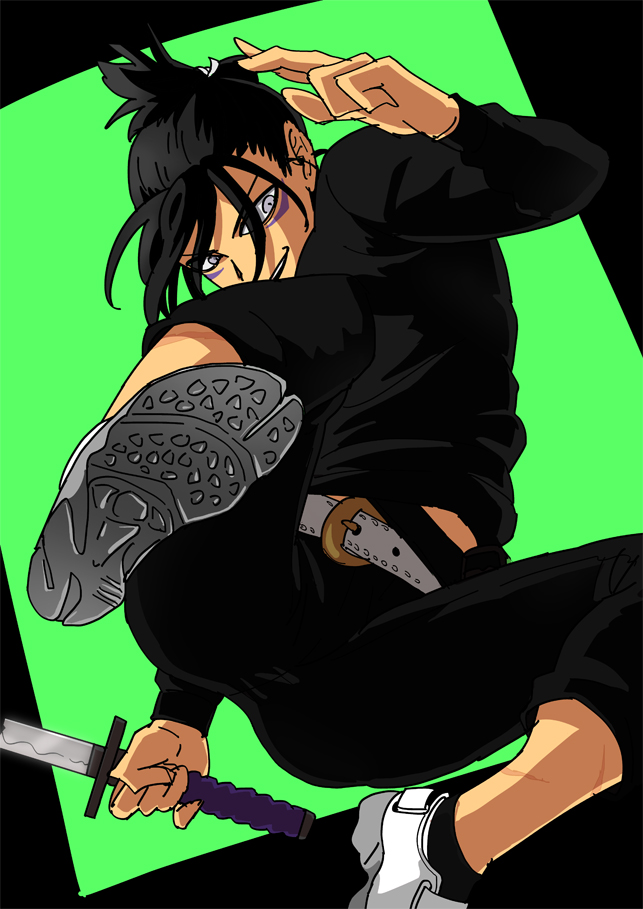 1boy, alternate_costume, belt, black_hair, facial_mark, folded_ponytail, jumping, kita_makura, male_focus, one-punch_man, onsoku_no_sonic, scar, sword, weapon