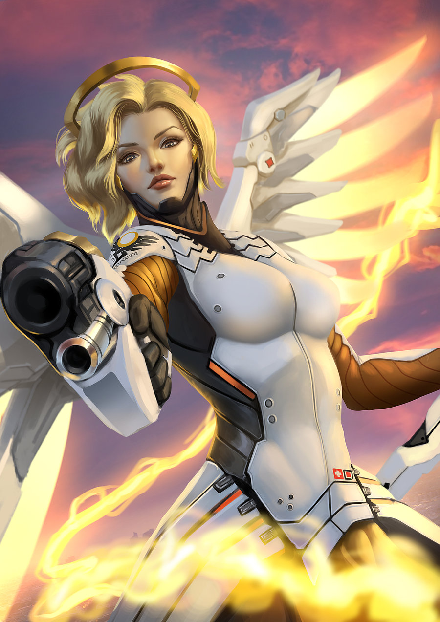 1girl, aiming_at_viewer, black_gloves, blonde_hair, blue_eyes, bodysuit, breasts, clouds, cloudy_sky, cowboy_shot, emblem, energy, gloves, glowing, glowing_wings, gun, handgun, high_ponytail, highres, holding, holding_gun, holding_staff, holding_weapon, lips, looking_at_viewer, mechanical_halo, mechanical_wings, medium_breasts, mercy_(overwatch), nose, outdoors, overwatch, pantyhose, pistol, ponytail, purple_sky, realistic, sky, solo, spread_wings, staff, swiss_flag, weapon, wings, yellow_wings, zamberz