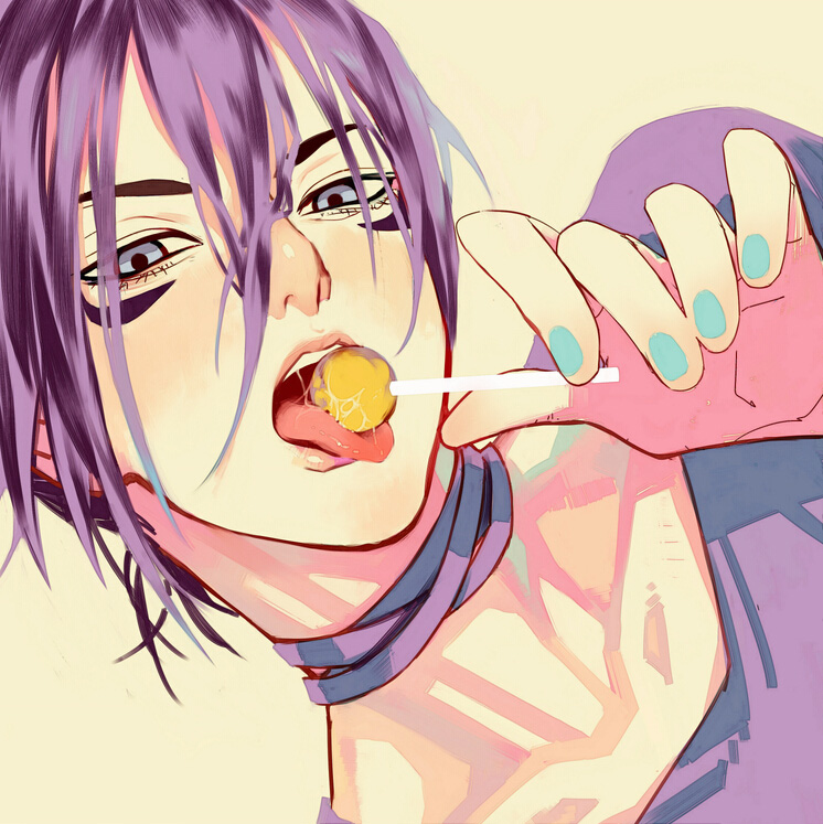 1boy, artist_request, black_hair, candy, choker, facial_mark, licking, lollipop