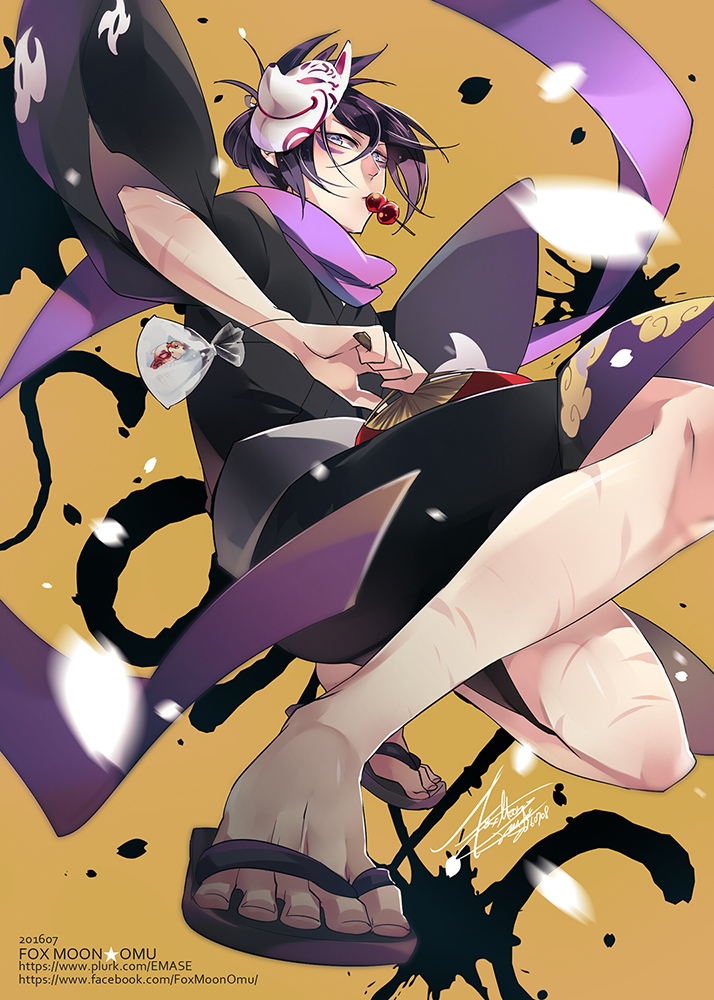 1boy, artist_name, black_hair, character_name, cherry_blossoms, dango, emase_(foxmoon), facial_mark