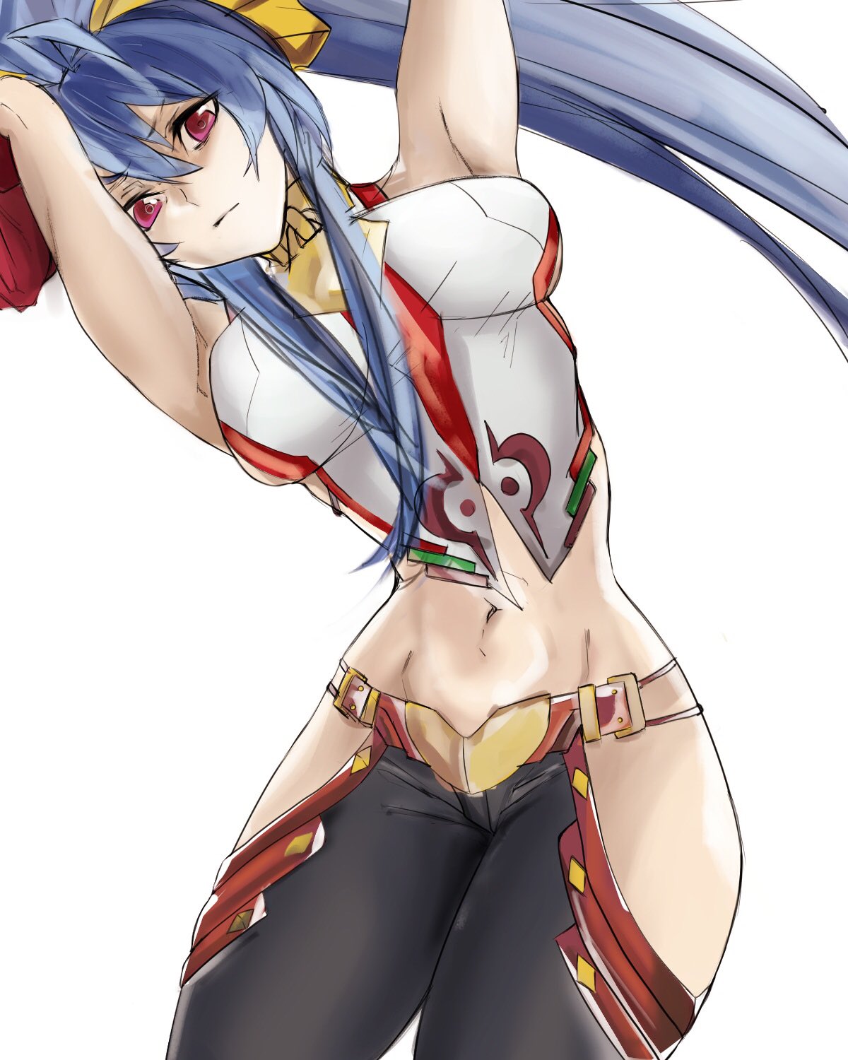 1girl, antenna_hair, armpits, arms_up, backless_outfit, bangs, bare_shoulders, black_pants, blazblue, blazblue:_central_fiction, blazblue_variable_heart, blue_hair, bontomu, bow, breasts, closed_mouth, cowboy_shot, frown, genderswap, genderswap_(mtf), hair_between_eyes, hair_bow, halter_top, halterneck, highres, large_breasts, leaning_to_the_side, long_hair, looking_at_viewer, lowleg, lowleg_pants, mai_natsume, midriff, navel, no_bra, no_panties, pants, ponytail, revealing_clothes, ribbon, sideboob, sidelocks, simple_background, solo, thighs, very_long_hair, violet_eyes, white_background, yellow_bow