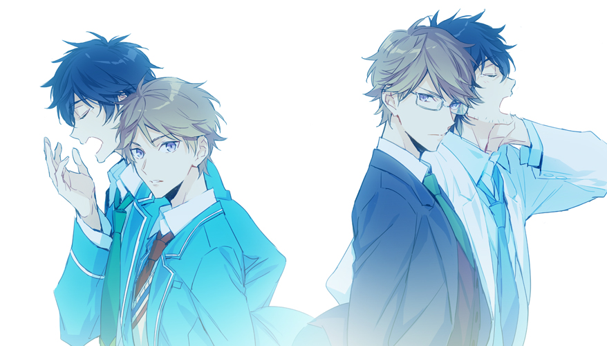 2boys, age_comparison, black_hair, bloom, blue_necktie, brown_hair, closed_eyes, ensemble_stars!, facial_hair, formal, glasses, green_necktie, kunigi_akiomi, labcoat, multiple_boys, necktie, parted_lips, sagami_jin, school_uniform, simple_background, stubble, suit, teenage, tired, xia_(ryugo), yawning, younger