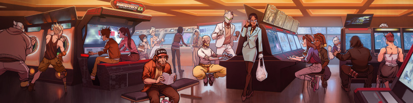 6+boys, 6+girls, absurdres, ana_(overwatch), android, arcade, arcade_cabinet, baseball_cap