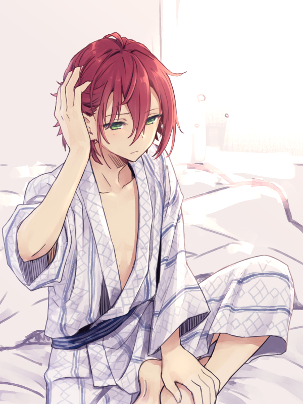 1boy, barefoot, ensemble_stars!, green_eyes, hair_down, half-closed_eyes, hand_in_hair, irimo-m