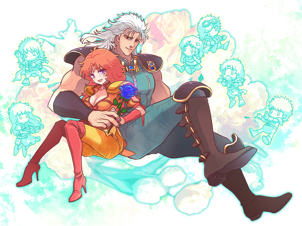 airi_(hokuto_no_ken), bat_(hokuto_no_ken), blue_rose, boots, bow_(weapon), breasts, brown_boots, chibi_inset