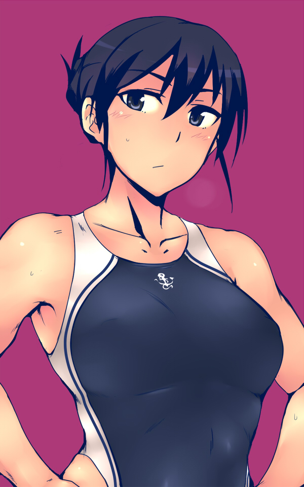 1girl, black_eyes, black_hair, blush, breasts, competition_swimsuit, em, hair_up