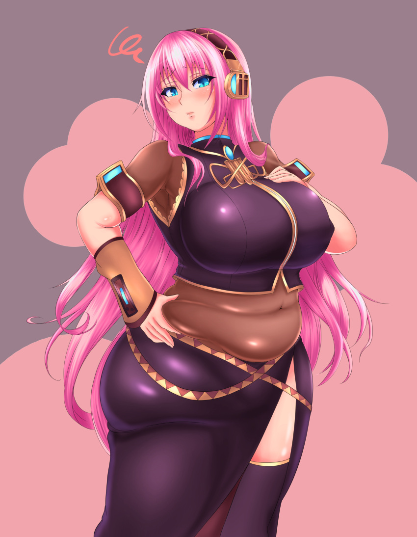 1girl, absurdres, armpit_peek, armpits, belly_grab, blue_eyes, blush, breasts, commentary, covered_navel, crop_top, detached_sleeves, fat, fat_folds, headphones, highres, hips, huge_breasts, kukuru, lips, long_hair, long_skirt, megurine_luka, older, pink_hair, plump, sheer_clothes, skirt, solo, squiggle, thick_thighs, thighs, very_long_hair, vocaloid, weight_conscious