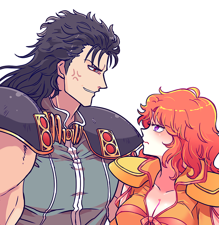 1boy, 1girl, anger_vein, black_hair, breasts, cleavage, height_difference, hokuto_no_ken