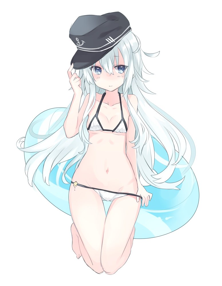1girl, bare_legs, barefoot, bikini, bikini_pull, blue_eyes, breasts, cleavage