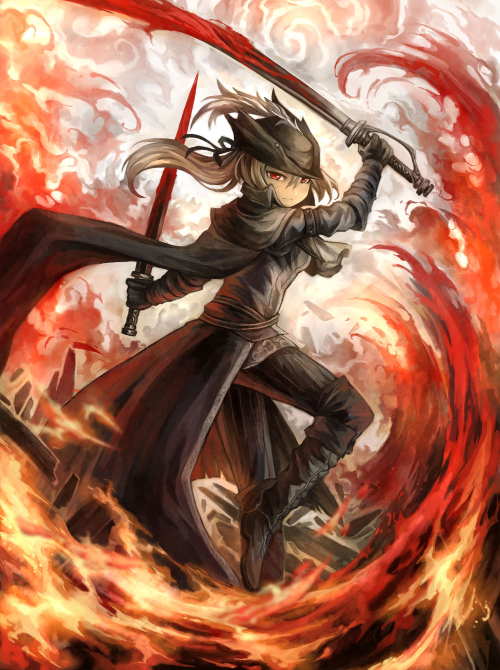 1girl, blood, bloodborne, bloody_weapon, bolt0002, coat, dual_wielding, fire