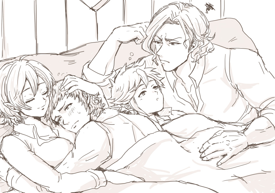 3boys, bed, blush, cuddling, family, father_and_son, female_my_unit_(fire_emblem_if), fire_emblem