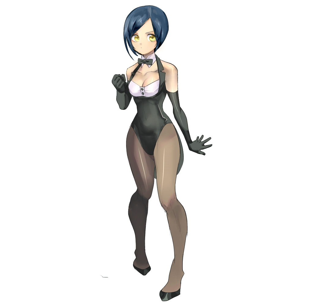 1girl, black_gloves, black_hair, black_legwear, bokenasu, bow, bowtie, breasts