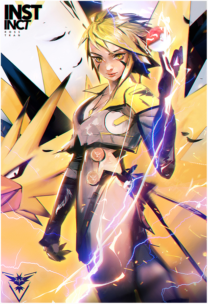 1girl, blonde_hair, breasts, electricity, facial_mark, jewelry, lips, necklace, nose, personification, poke_ball, pokemon, pokemon_go, ross_tran, short_hair, solo, spiky_hair, team_instinct, yellow_eyes, zapdos