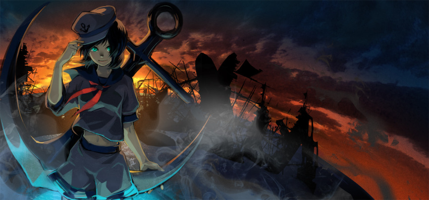 1girl, anchor, anchor_symbol, black_hair, clouds, cloudy_sky, fisheye, fog, green_eyes, hand_on_headwear, hat, looking_at_viewer, midriff, murasa_minamitsu, navel, neckerchief, parted_lips, sailor_collar, sailor_hat, shipwreck, shiroton_(kazamineko), short_hair, shorts, sky, solo, sunset, touhou, wind