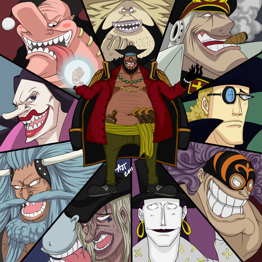 1girl, 6+boys, absurdres, aqua_hair, avalo_pizarro, beard, black_hair, blonde_hair, catarina_devon, cigar, commentary_request, dark_skin, doc_q, evil_smile, facial_hair, fake_horns, glasses, grin, hat, highres, hook_hand, horse, jesus_burgess, lafitte, marshall_d_teach, military_hat, multiple_boys, one_piece, open_mouth, pale_skin, piercing, pirate, purple_hair, sanjuan_wolf, shiryuu_(one_piece), smile, smoking, stronger_(one_piece), stubble, van_augur, vasco_shot