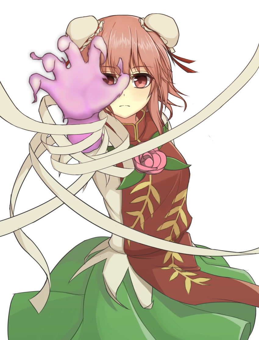 1girl, bandaged_arm, bandages, chinese_clothes, cowboy_shot, double_bun, expressionless, flower
