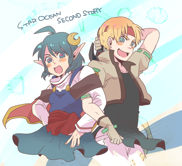 1boy, 1girl, :d, black_shirt, blonde_hair, blue_hair, blue_skirt, claude_kenni