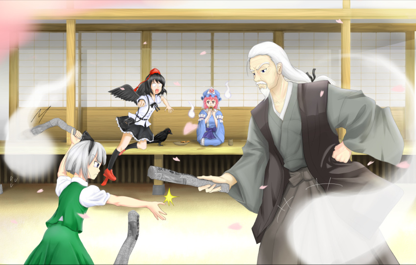 1boy, 3girls, beard, black_wings, bunbunmaru, facial_hair, food, geta