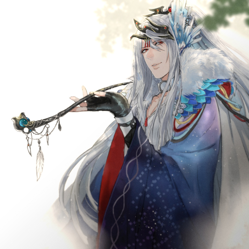 1boy, blurry, depth_of_field, drenbof, fur_trim, highres, holding_pipe, kiseru