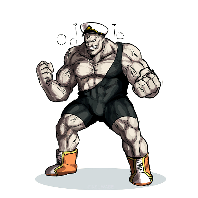 1boy, boots, clenched_hands, clenched_teeth, dragon_ball, dragon_ball_z, grin, hands_up, hat, kei-suwabe, muscle, peaked_cap, short_hair, sketch, smile, spopovich, steam, teeth, torn_clothes, unitard, veins, white_background