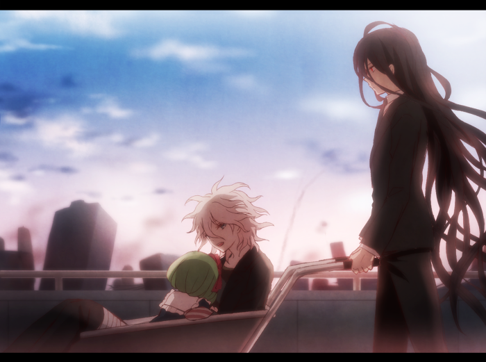 1girl, 2boys, black_hair, dangan_ronpa, green_hair, kamukura_izuru, komaeda_nagito, kuze_(noiretrouge)