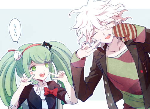 1boy, 1girl, dangan_ronpa, enoshima_junko_(cosplay), green_eyes, green_hair, hair_ribbon, komaeda_nagito