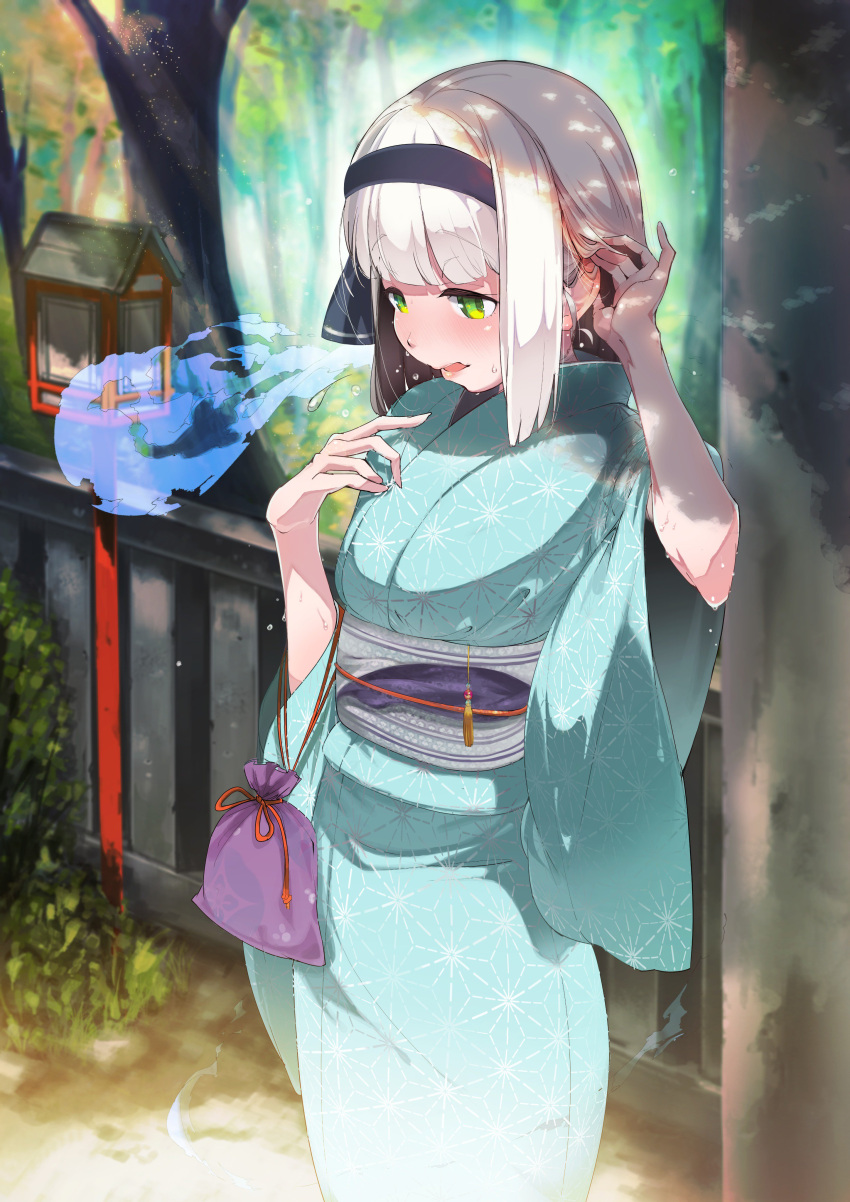 1girl, absurdres, alternate_costume, asa_no_ha_(pattern), bangs, black_ribbon, blunt_bangs, blush