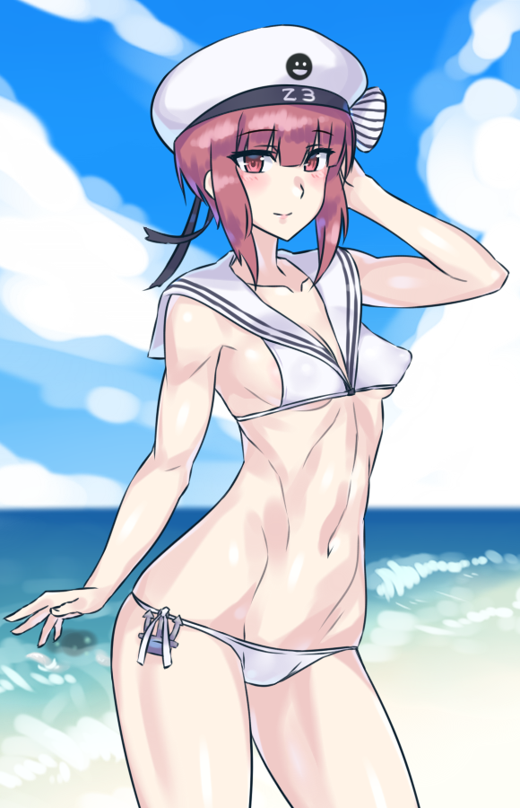 1girl, auburn_hair, bikini, blush, breasts, brown_eyes, evuoaniramu, hat