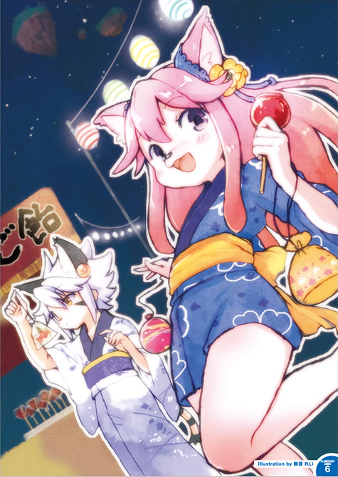 2girls, animal_ears, artist_request, candy_apple, cat_ears, chocolat_gelato, dog_ears, earrings