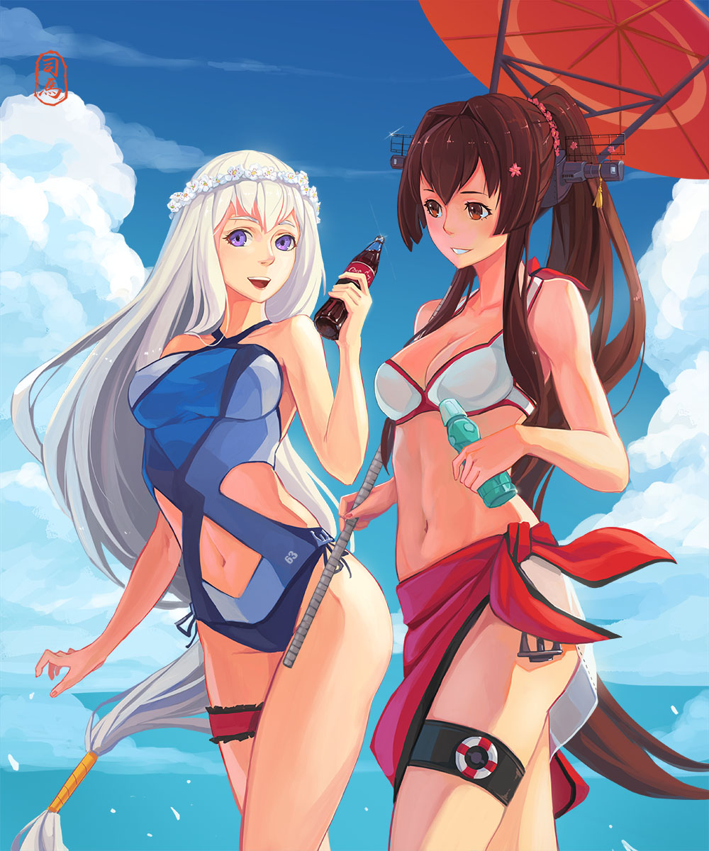 2girls, bikini, bottle, brown_hair, casual_one-piece_swimsuit, coca-cola, crossover, head_wreath, highres, kantai_collection, long_hair, low-tied_long_hair, multiple_girls, navel, one-piece_swimsuit, original, pacific, personification, ponytail, ramune, red_eyes, sarong, sima_naoteng, smile, swimsuit, umbrella, uss_missouri_(bb-63), very_long_hair, violet_eyes, white_hair, yamato_(kantai_collection)