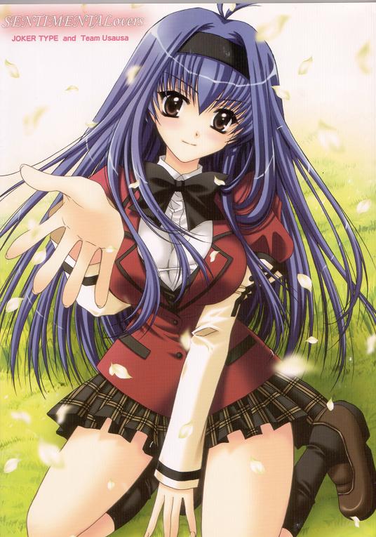 black_legwear, black_socks, blue_hair, bow, brown_eyes, hairband, kakyuusei_2, plaid
