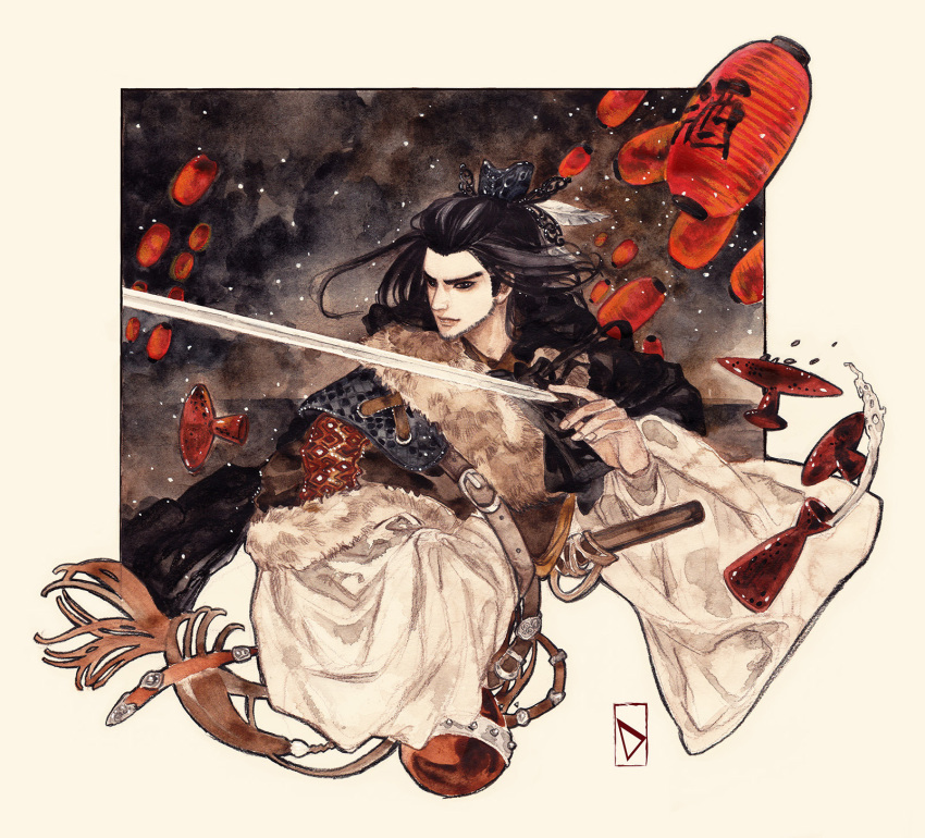 1boy, black_eyes, black_hair, chinese_clothes, demetrio, highres, lantern, long_hair, male_focus, paper_lantern, sakazuki, shang_bu_huan, solo, sword, thunderbolt_fantasy, traditional_media, watercolor_(medium), weapon
