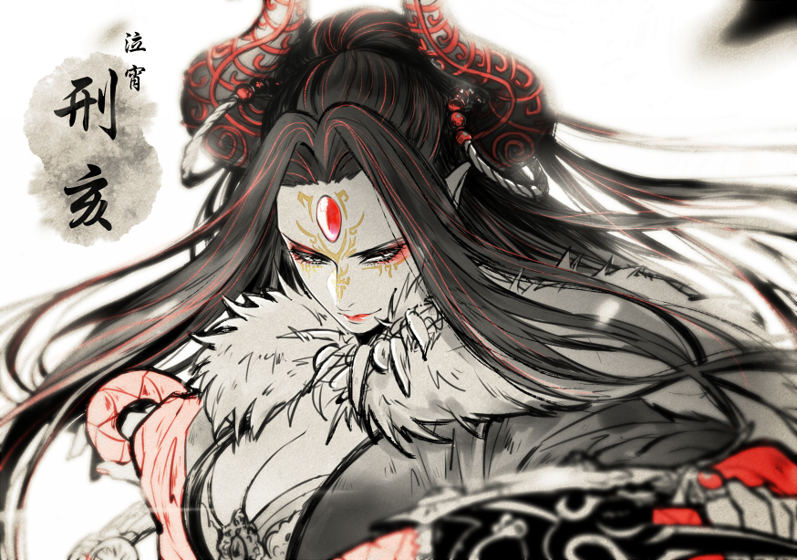 1girl, black_hair, breasts, character_name, cleavage, drenbof, fur_trim, holding