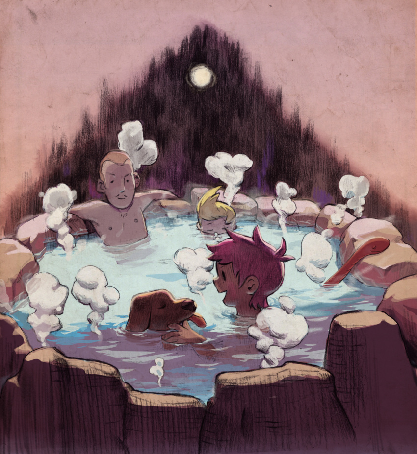 1girl, 2boys, bath, blonde_hair, boney, brown_hair, chest_hair, closed_eyes