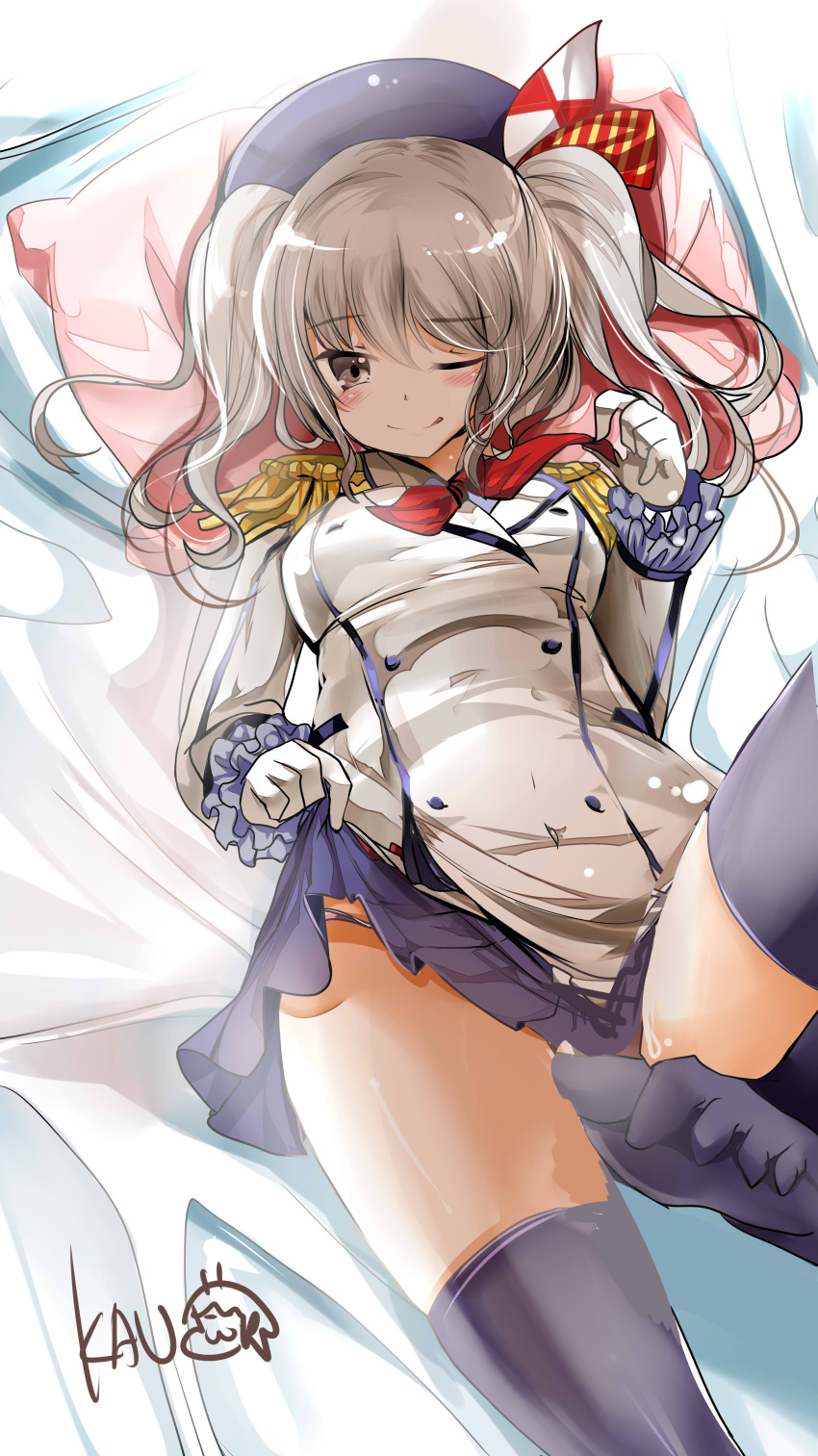 1girl, absurdres, beret, epaulettes, feet, frilled_sleeves, frills, grey_eyes, hat, highres, kantai_collection, kashima_(kantai_collection), long_hair, lying, military, military_uniform, on_back, one_eye_closed, panties, pantyshot, pleated_skirt, silver_hair, siukaukau24, sketch, skirt, skirt_lift, solo, twintails, underwear, uniform, wavy_hair
