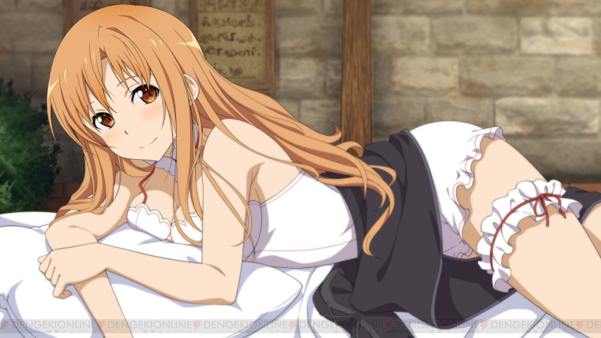 1girl, asuna_(sao), bed_sheet, breasts, brown_eyes, brown_hair, cleavage, game_cg, hair_over_shoulder, indoors, long_hair, looking_at_viewer, lying, medium_breasts, neck_garter, official_art, on_back, pillow, red_ribbon, ribbon, smile, solo, sword_art_online, sword_art_online:_hollow_realization, thigh_strap, tunic, watermark