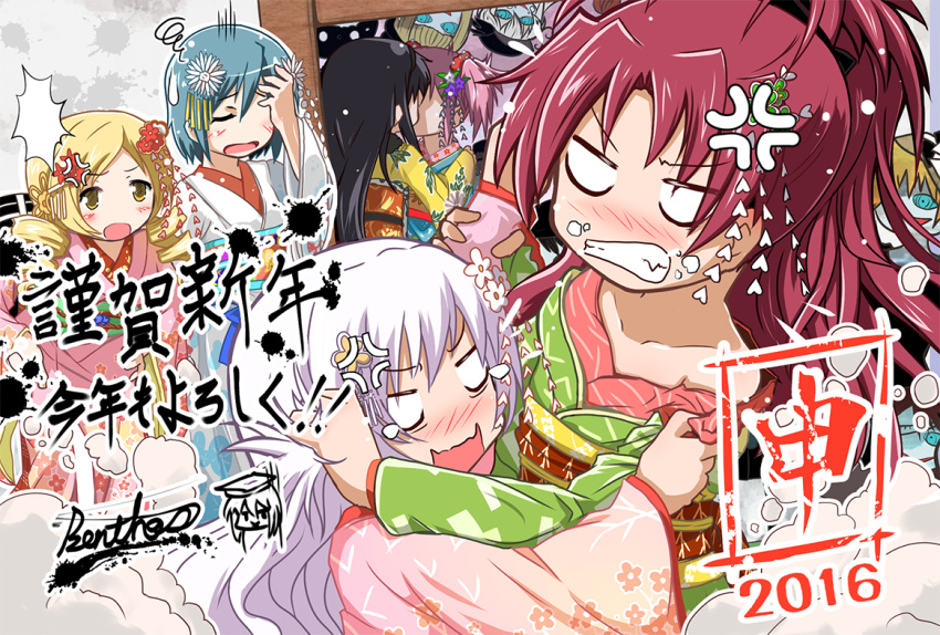akemi_homura, akeome, bentoss_detritus, charlotte_(madoka_magica), clara_dolls_(madoka_magica), drill_hair, hagoita, hair_ornament