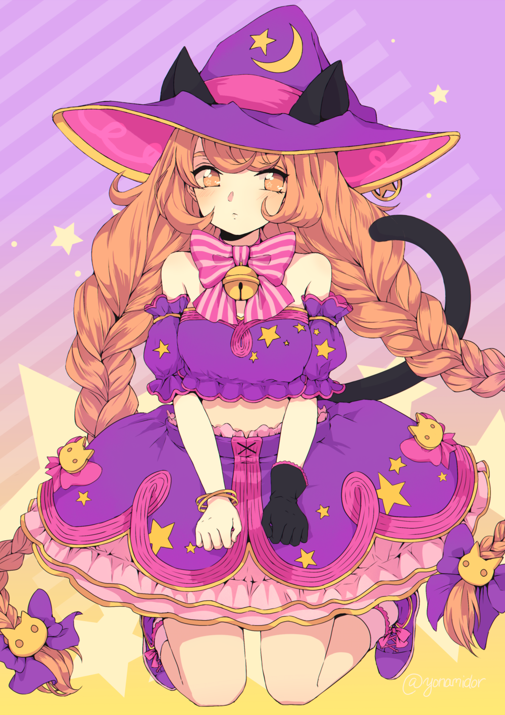 1girl, animal_ears, bell, black_gloves, bow, bracelet, braid, brown_eyes