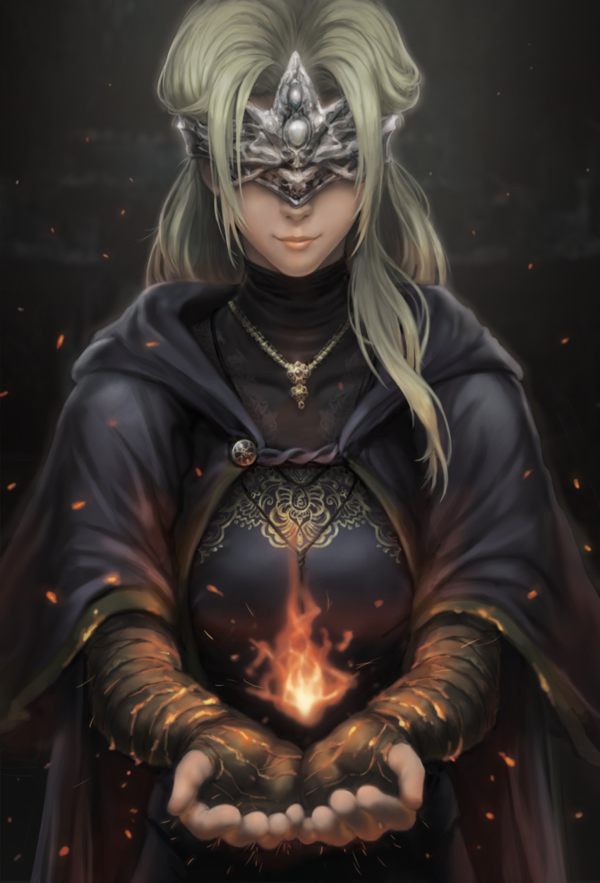 1girl, blonde_hair, breasts, cape, capelet, cloak, dark_souls_iii, dress, fire, fire_keeper, highres, jewelry, lips, long_hair, marco_poon, mask, necklace, smile, solo, souls_(from_software)