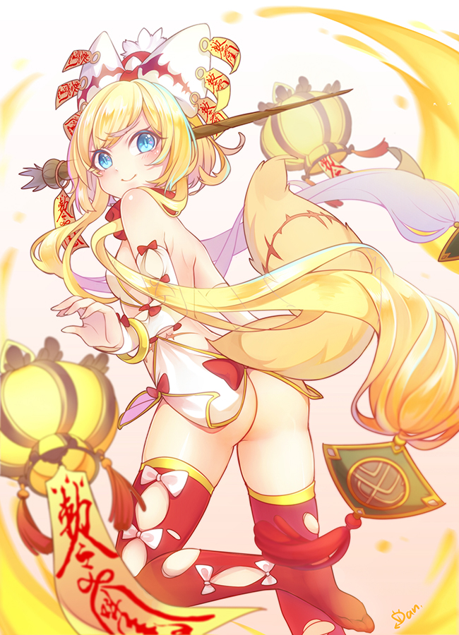 1girl, bare_back, bare_shoulders, blonde_hair, blue_eyes, blush, breasts, deanna_2