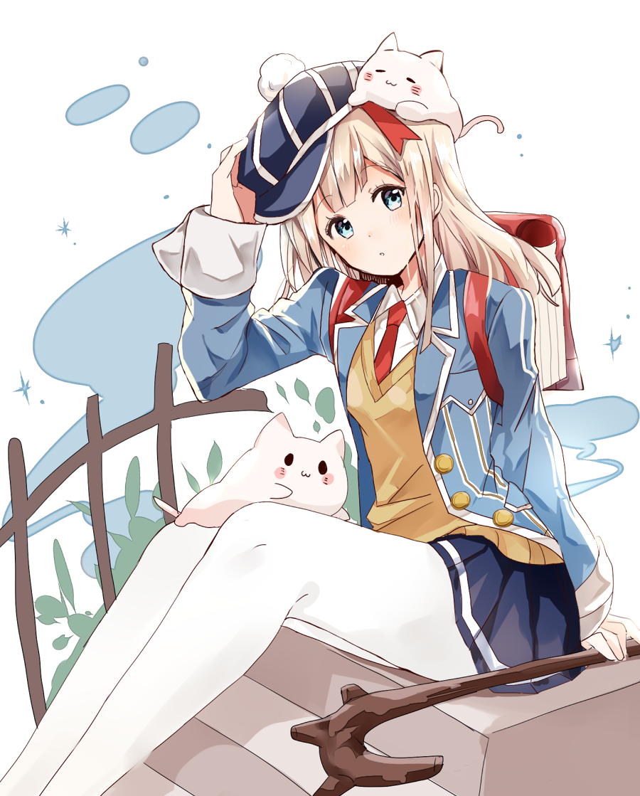 1girl, bag, blue_eyes, buttons, collared_shirt, creature, creature_on_head, fig_(happy_elements)