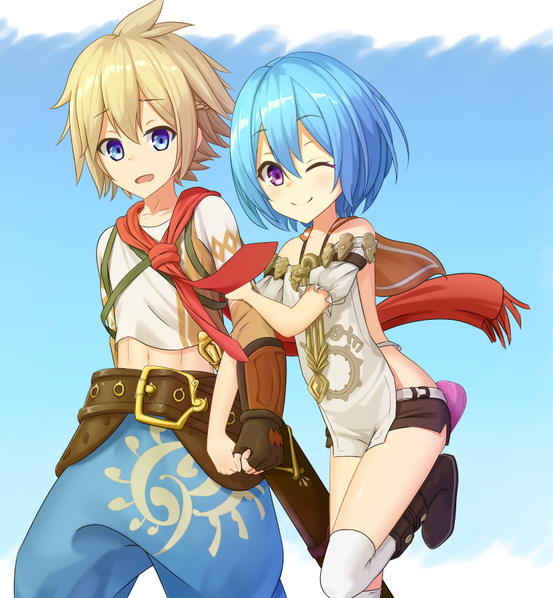1boy, 1girl, ;), bare_shoulders, blue_background, blue_eyes, blue_hair, boots