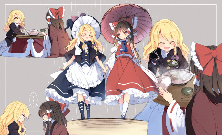 2girls, ascot, asymmetrical_hair, blonde_hair, bow, braid, brown_hair, detached_sleeves, dotera_(clothes), eating, forbidden_scrollery, frills, hair_bow, hair_over_one_eye, hair_tubes, hakurei_reimu, hat, hat_bow, kirisame_marisa, multiple_girls, nabe, oriental_umbrella, piyokichi, rain, side_braid, smile, touhou, umbrella, witch_hat, yellow_eyes