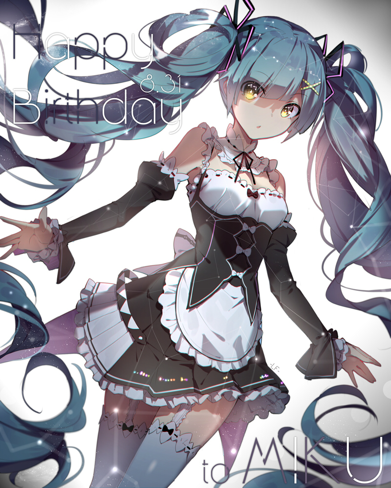 1girl, adapted_costume, alternate_costume, alternate_eye_color, aqua_hair, bare_shoulders, belt, character_name