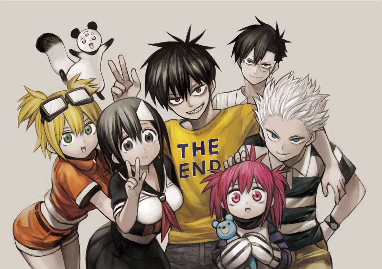 3boys, 3girls, bel_hydra, black_hair, blonde_hair, blood_lad, blue_eyes, breasts
