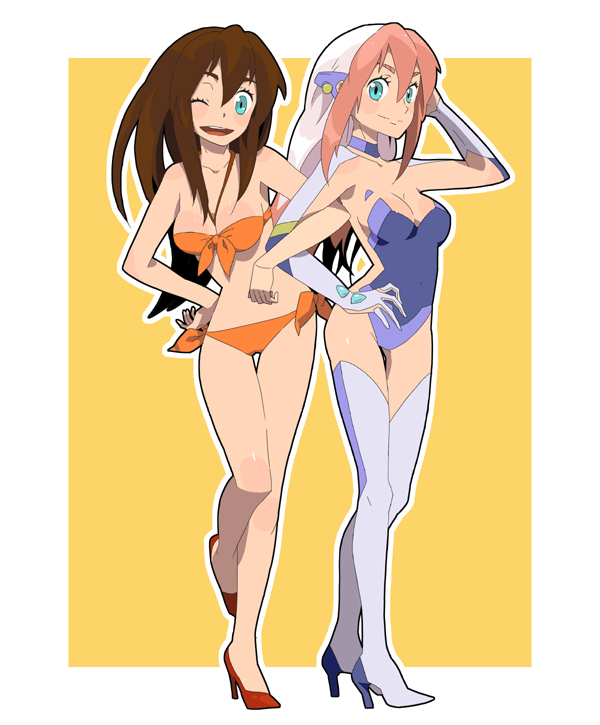 aqua_eyes, arita_shion, bikini, birdy_cephon_altirra, breasts, brown_hair, dual_persona, high_heels