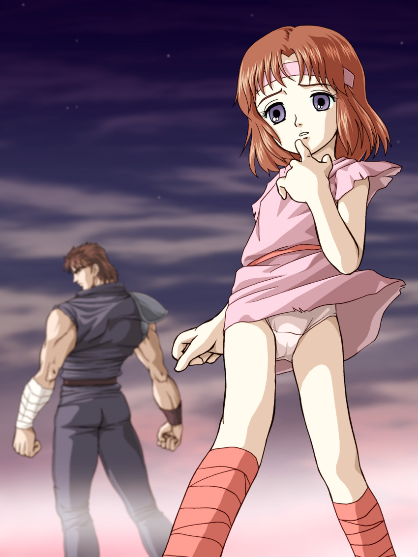 1boy, 1girl, ass, bandage, bandages, brown_hair, child, hairband, headband, highres, hokuto_no_ken, kenshiro, kenshirou, loli, looking_back, lynn, panties, pantyshot, purple_eyes, short_hair, underwear, violet_eyes, white_panties, wind_lift, zummy, zummy-flyer