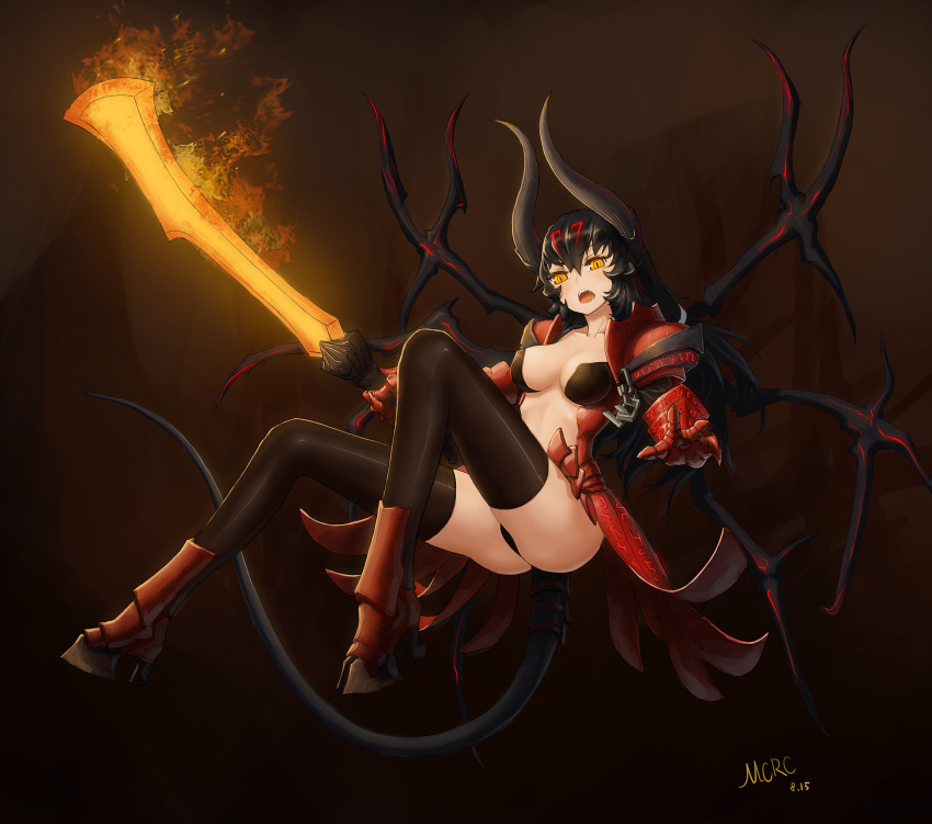 1girl, armor, artist_name, ass, black_hair, black_legwear, chain, defense_of_the_ancients, demon_girl, demon_horns, demon_tail, doombringer_(dota), dota_2, flaming_sword, highres, hoof_shoes, horns, legs, long_legs, mcrc_science, open_mouth, slit_pupils, tail, thigh-highs, thighs, yellow_eyes